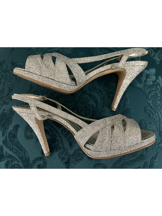 Fernanda Mourao Shoes - Fernanda Mourão Silver Glitter Slingback Heels Size 9 4.25" Stiletto Open Toe